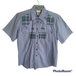 Koret Denim Chambray Floral and Plaid Embroidered Shirt Size Small Short Sleeves